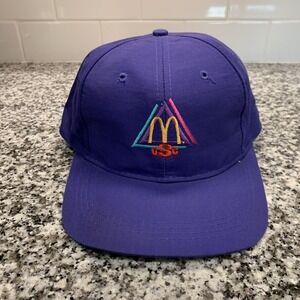 Vintage McDonalds Hat Cap Snap Back Purple QSC Triangle Logo Restaurant Mens 90s